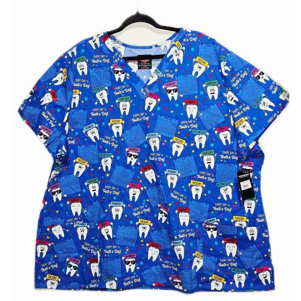 NWT Dickies V Neck Scrub Top with 2 Front Patch Pockets 4xl Dentist Tooth Theme